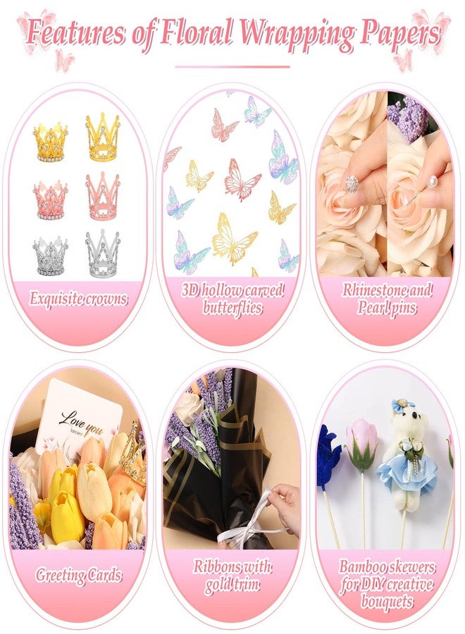 LifeisLuck 276 PCS Flower Wrapping Paper Bouquet Kit, 30 Sheets Waterproof Floral Wrapping Paper With Ribbons, Flower Pearl Pins, Bamboo Skewers, 3D Butterflies Crowns for Florist Craft Mother's Day Birthday - Image 5